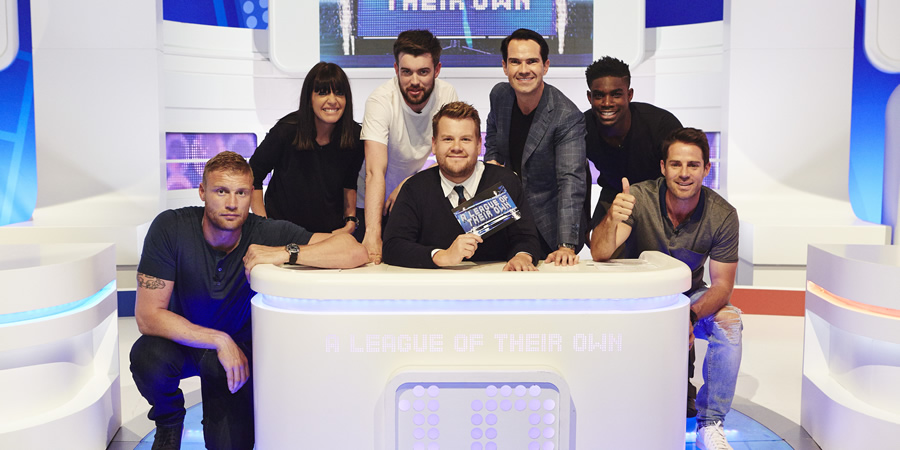 A League Of Their Own. Image shows from L to R: Andrew Flintoff, Claudia Winkleman, Jack Whitehall, James Corden, Jimmy Carr, Micah Richards, Jamie Redknapp. Copyright: CPL Productions