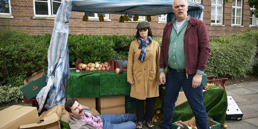 Man Down. Image shows from L to R: Brian (Mike Wozniak), Jo (Roisin Conaty), Dan (Greg Davies). Copyright: Avalon Television