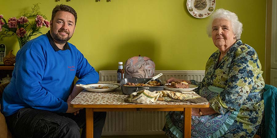 Scarborough. Image shows from L to R: Mike (Jason Manford), Marion (Stephanie Cole). Copyright: BBC Studios