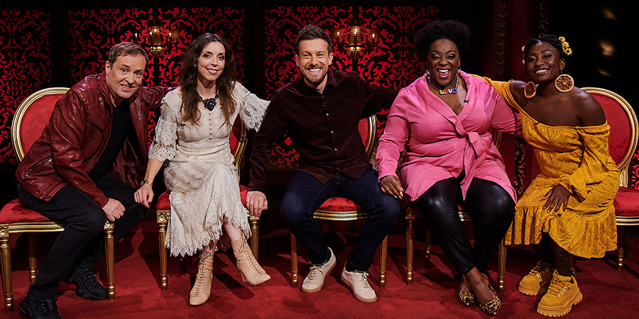 Taskmaster. Image shows from L to R: Ardal O'Hanlon, Bridget Christie, Chris Ramsey, Judi Love, Sophie Duker