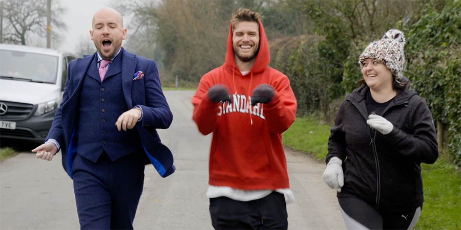 The Comedy Bus. Image shows from L to R: Tom Allen, Joel Dommett, Kiri Pritchard-McLean