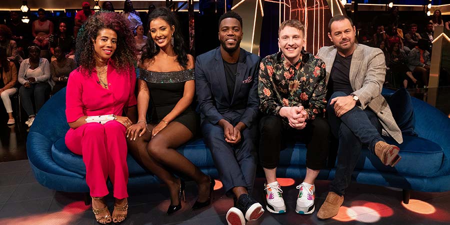 The Lateish Show With Mo Gilligan. Image shows from L to R: Kelis Rogers, Maya Jama, Mo Gilligan, Joe Lycett, Danny Dyer