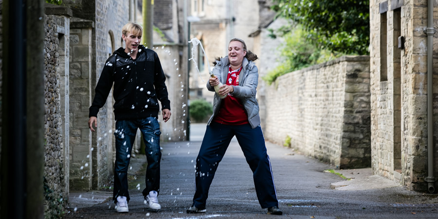 This Country. Image shows from L to R: Lee 'Kurtan' Mucklowe (Charlie Cooper), Kerry Mucklowe (Daisy May Cooper). Copyright: BBC