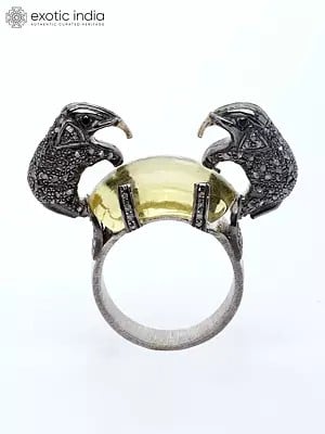 Yellow Chalcedony Ring with Diamond Two Elephants