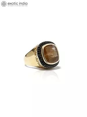 Golden Rutile Ring with Black Spinel Gemstone