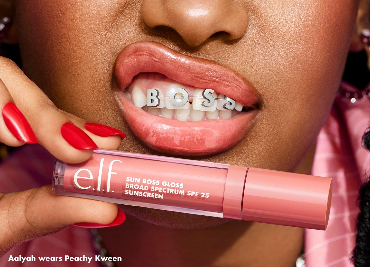 Aalyah wears e.l.f. Sun Boss Gloss Broad Spectrum SPF 25 Sunscreen, Peachy Kween