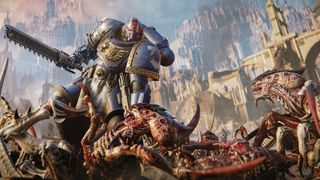 Hero artwork for Warhammer 40,000 Space Marine 2 showing an Ultramarine atop a pile of Tyranids