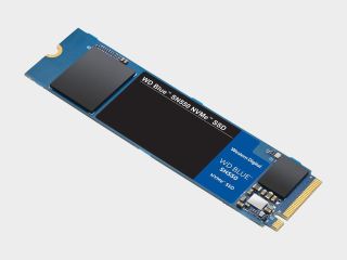 The WD Blue SN550 NVMe SSD from Western Digital on a gray background.