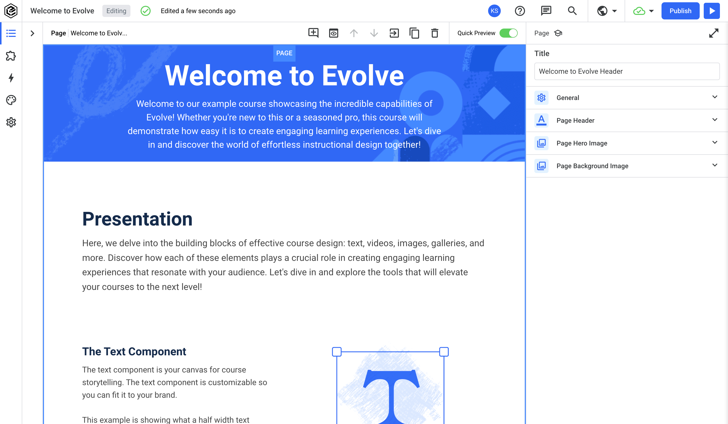 UI Examples of the Evolve platform showcasing the main authoring experience