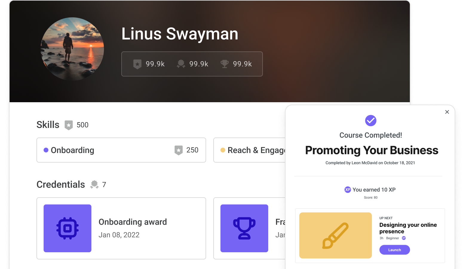 UI Examples of the Intellum platform showcasing badges and awards