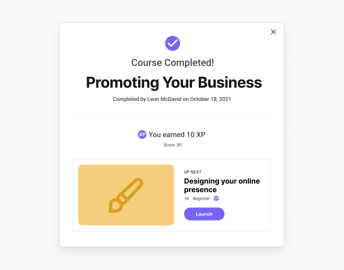 UI Examples of the Intellum platform showcasing a course completion modal