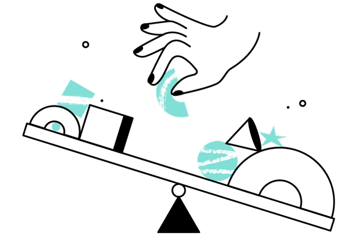 Illustration of a see-saw balanced to the right with various decorative shapes and elements sitting on it. A hand holding another decorative piece is reaching towards the platform to place another piece onto the see-saw.