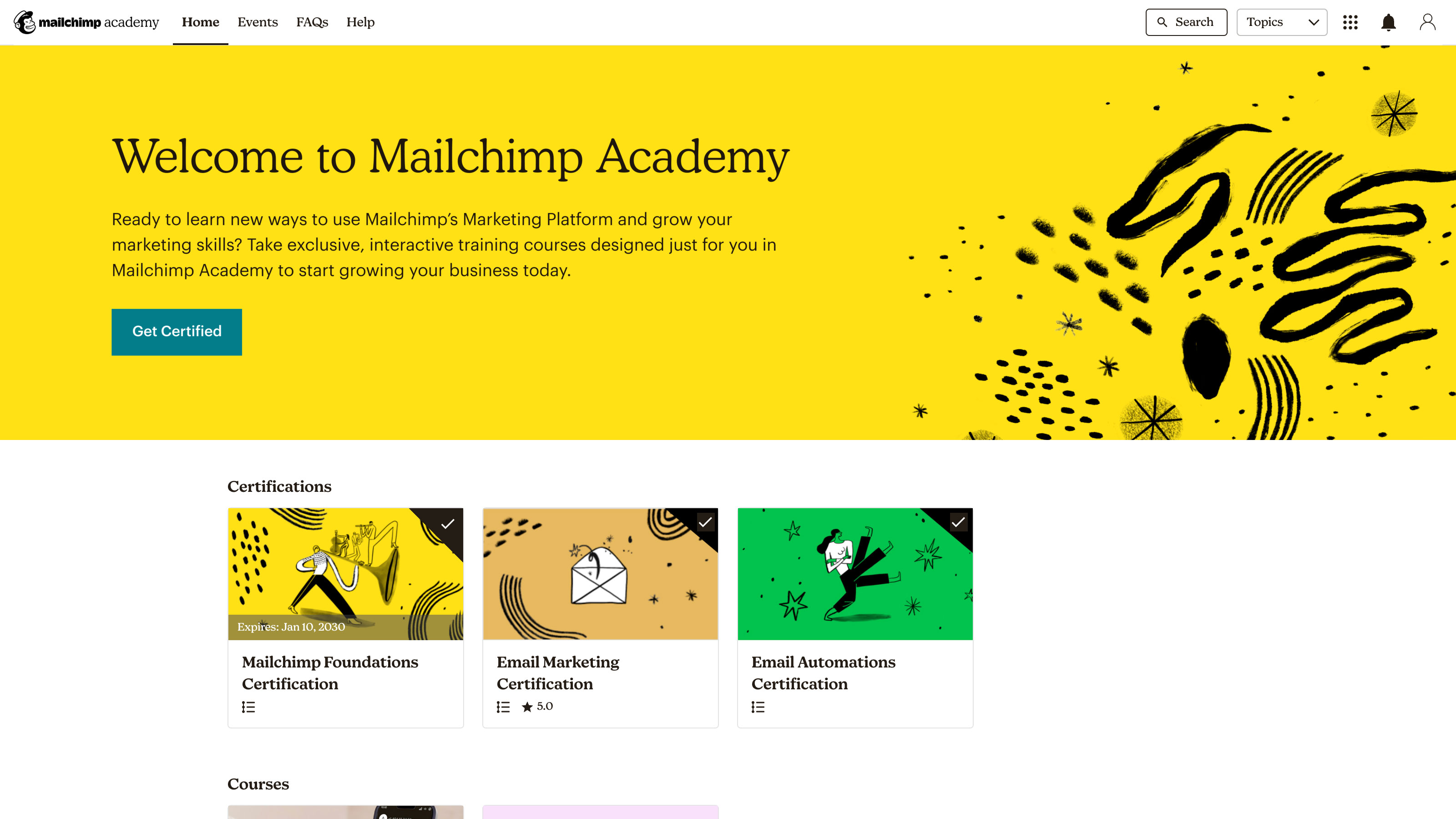 Homepage UI example of the Mailchimp implementation on the Intellum Platform