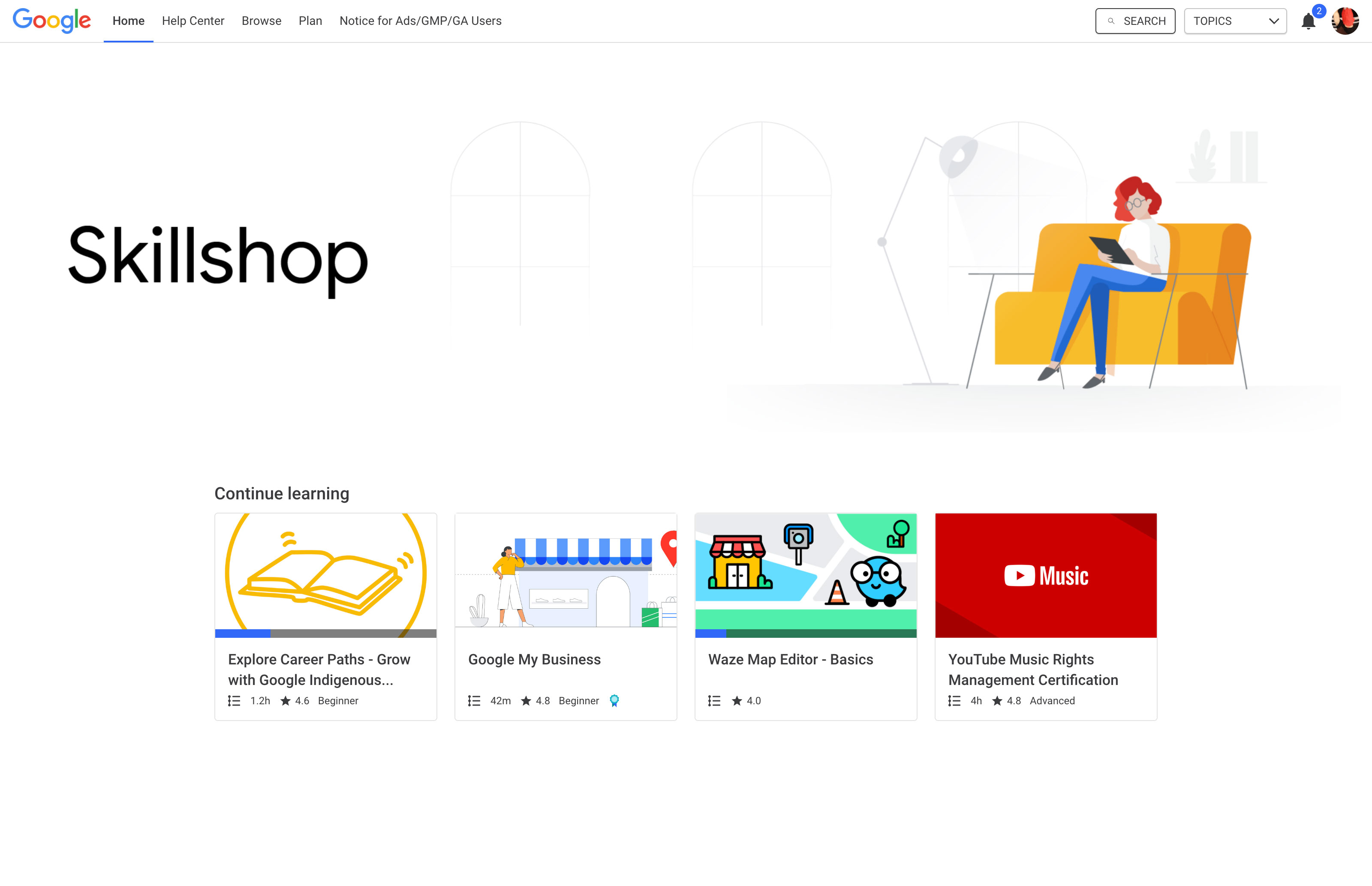 Homepage UI example of Google Skillshop on the Intellum Platform