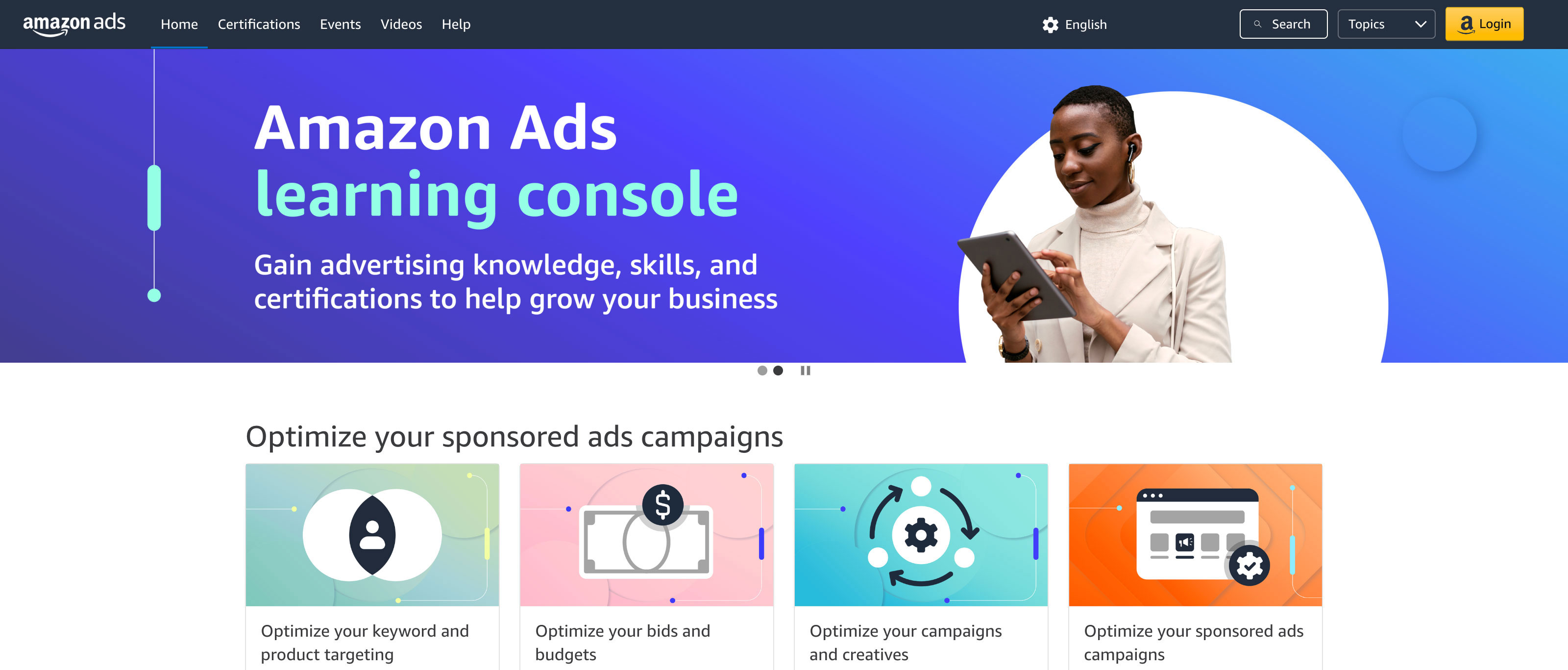 Homepage UI example of Amazon Ads Learning Console on the Intellum Platform