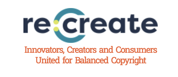 Re:Create coalition logo with an inverted C around the C / Innovators, Creators and Consumers United for Balanced Copyright