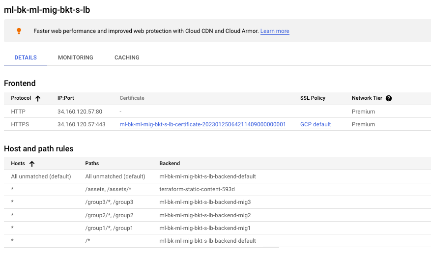 Load Balancer Frontend listing the available details, including the various protocols, hosts, and path rules.