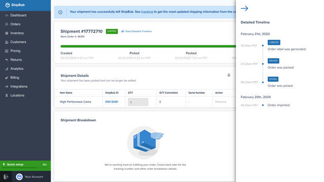 ShipBob order timeline with pick/pack timestamps