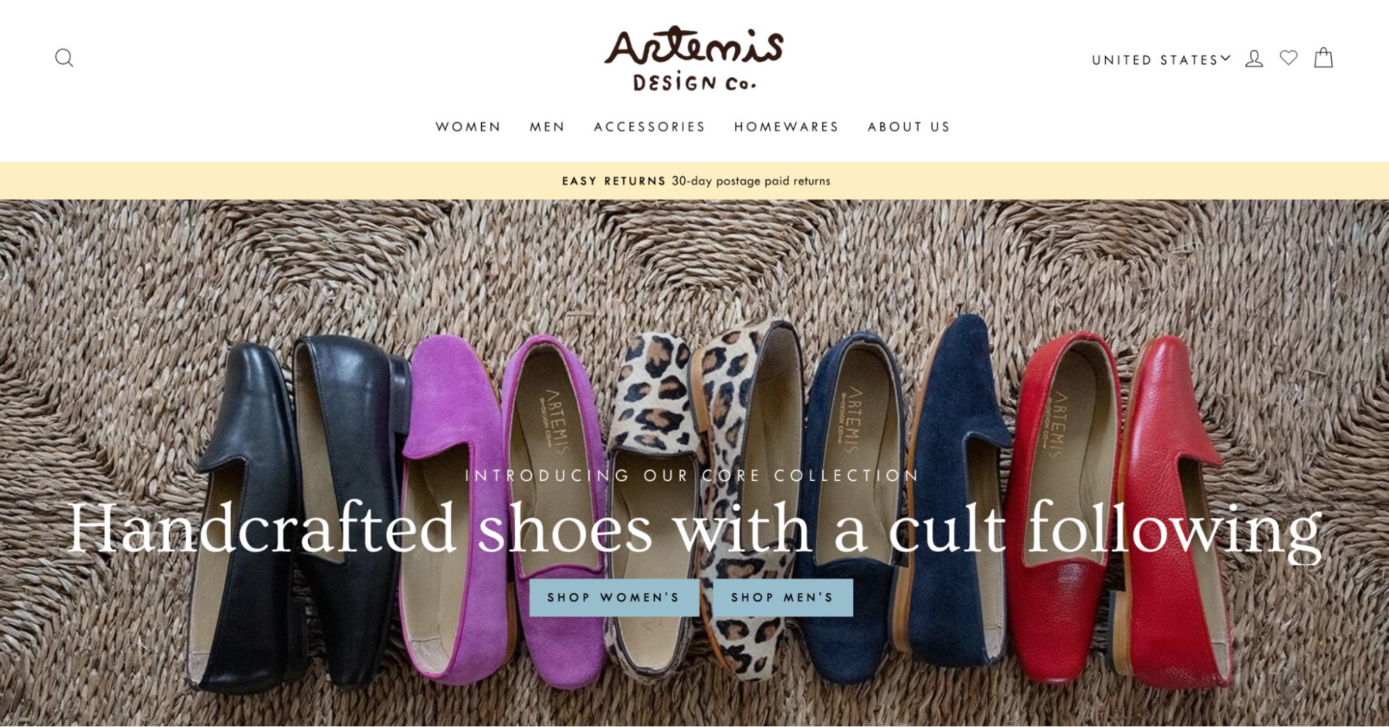 The homepage of Artemis Design Co., which sells handcrafted shoes online