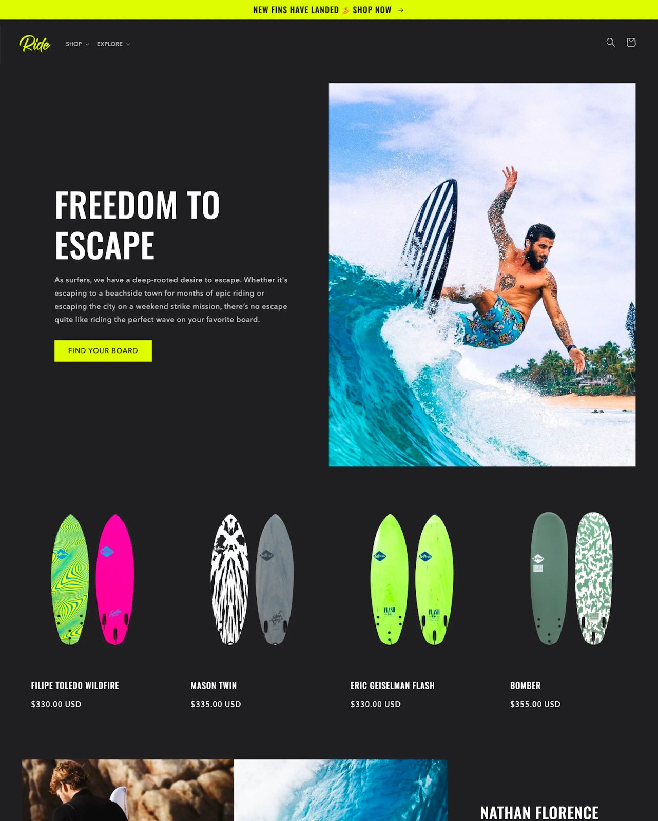 Screenshot of the Ride theme from Shopify, black color palette, website header design template with bright color accents