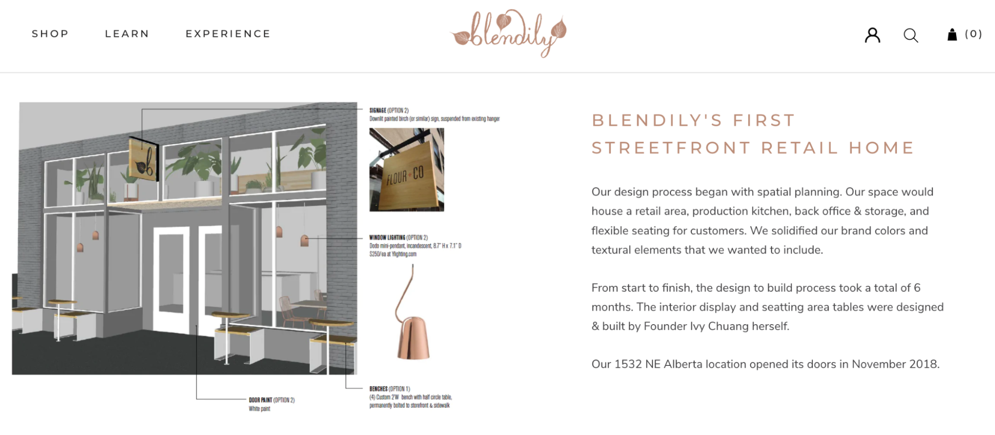 Blendily website with illustration of storefront and information about its first physical location.