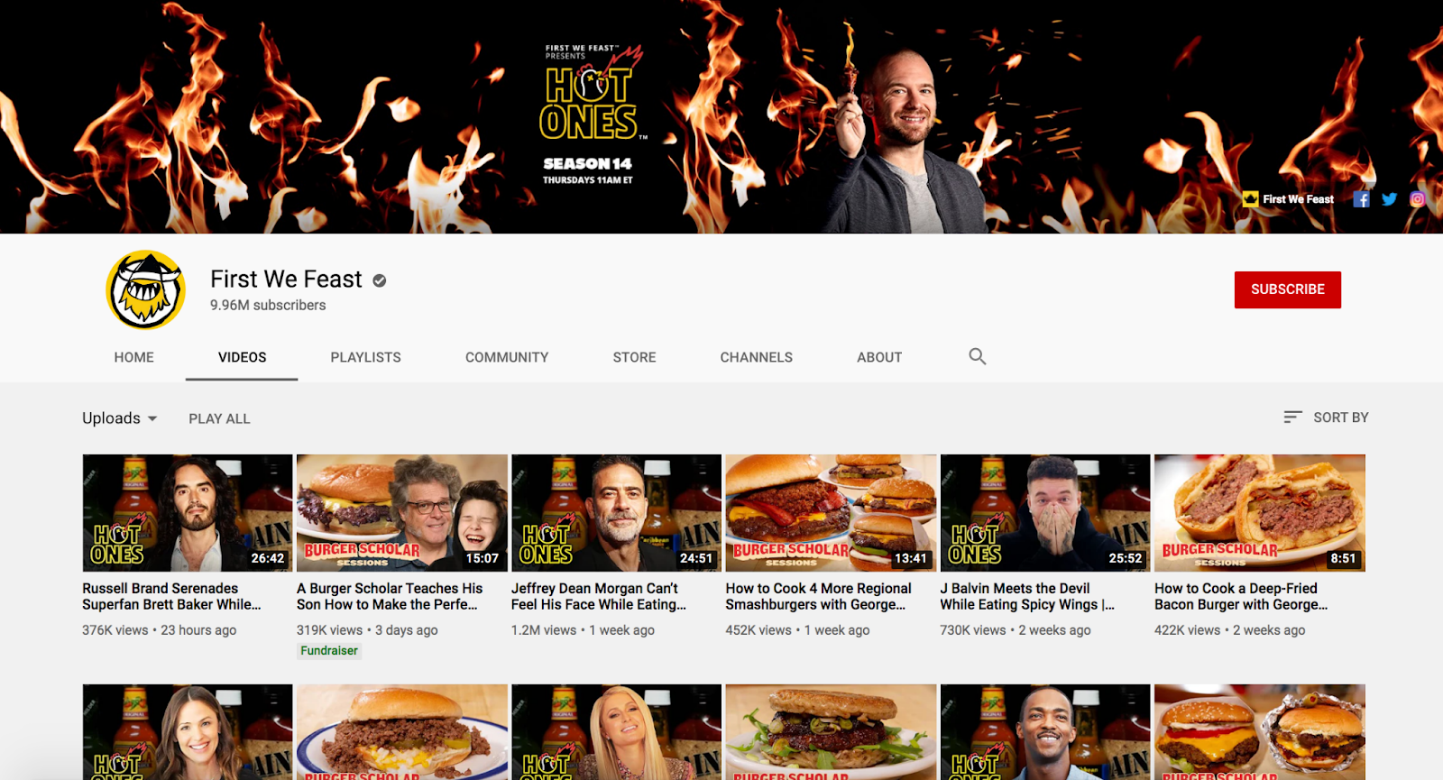 First We Feast YouTube channel homepage featuring the new season of Hot Ones promotes the hot sauce business