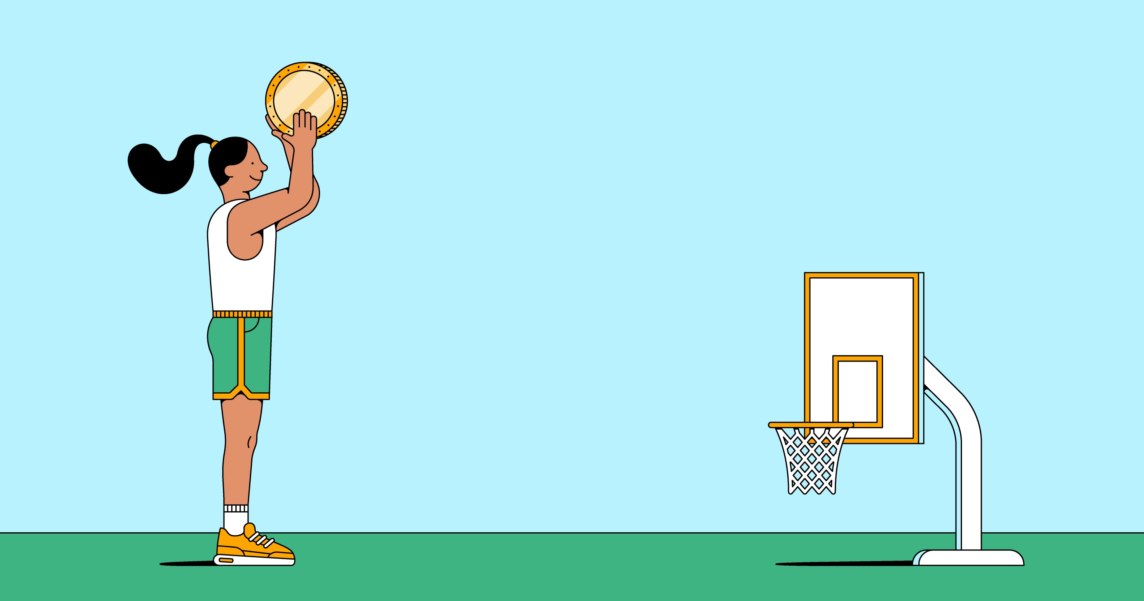 Woman throws a coin into a basket ball as a metaphor for pursuing a small business idea