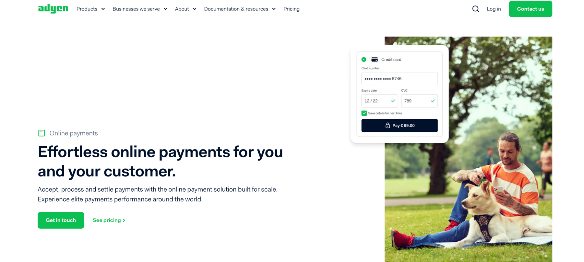 Screenshot of Adyen’s homepage showing an example ecommerce checkout.