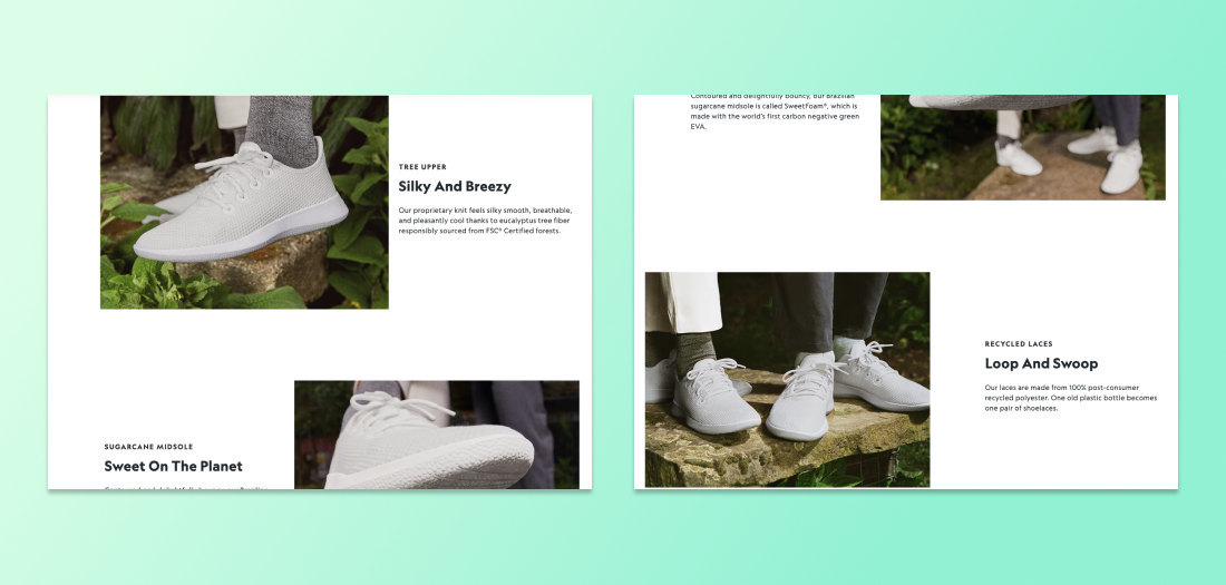 Allbirds footwear product page with four photos modeling white sneakers from the ankle down.