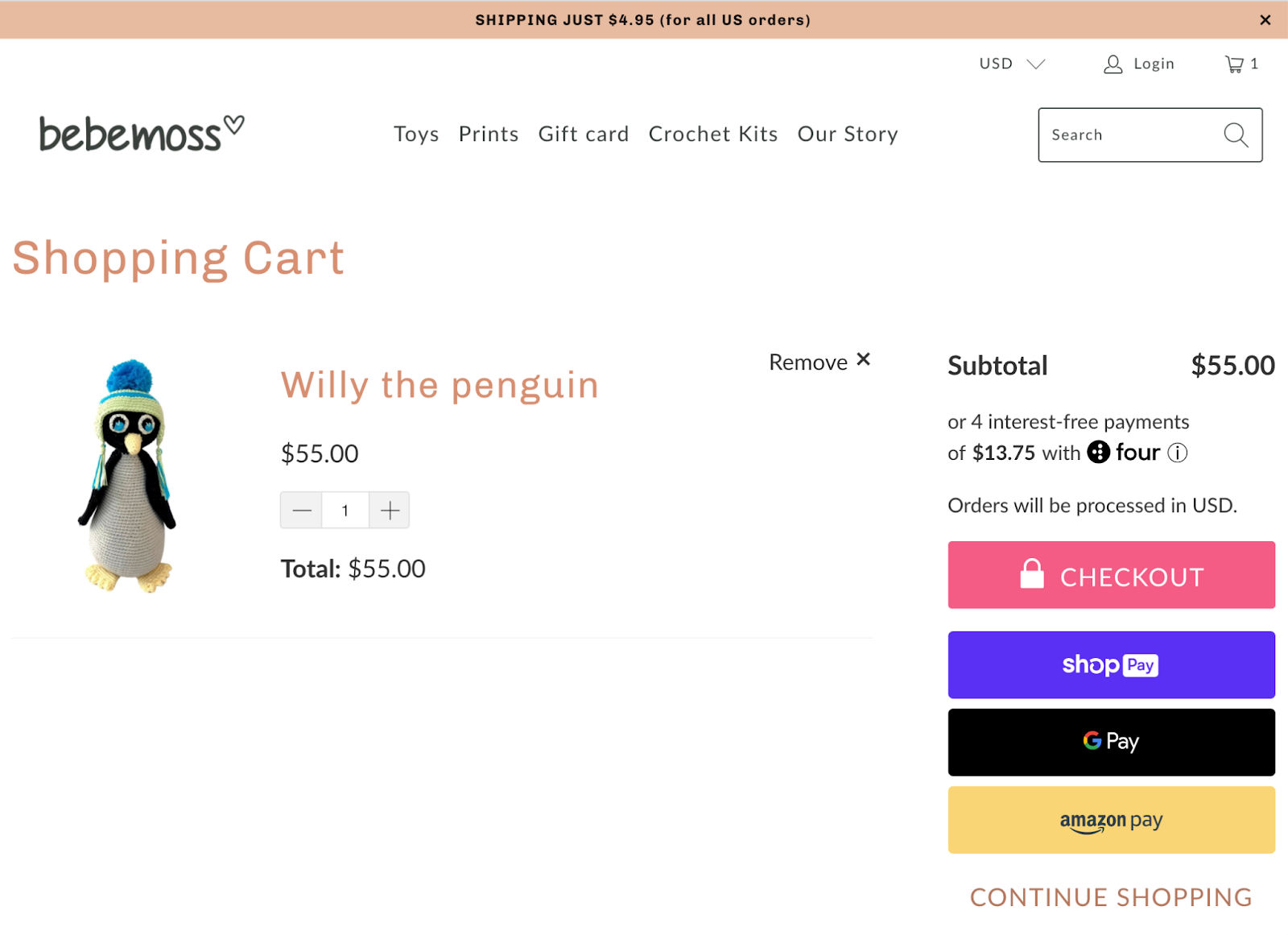 Shopping cart example showing a $55 penguin toy in an online shopping cart.