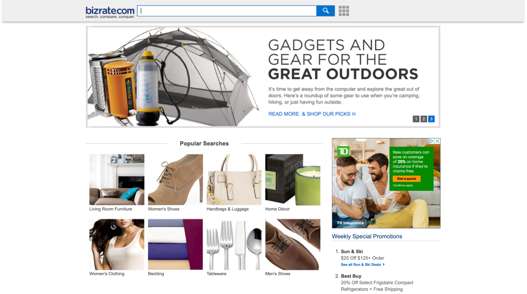 Bizrate price comparison website with images of popular products such as shoes, handbags, and tents.