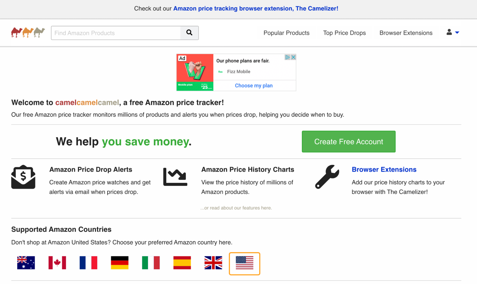 Information on an Amazon price tracker tool below a banner ad, navigation menu, and search bar.