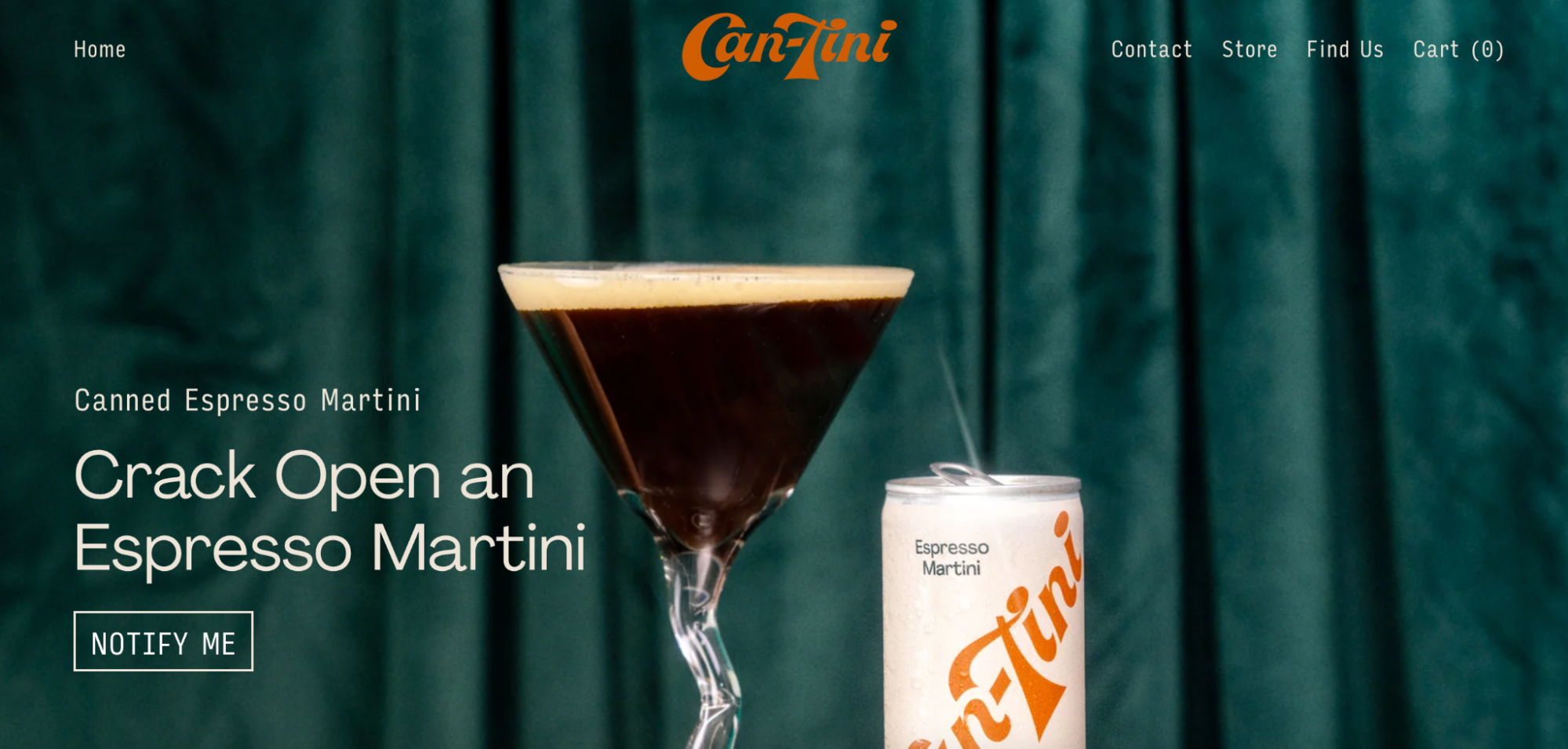 Can-Tini pre-launch page with photo of canned espresso martini and “notify me” button