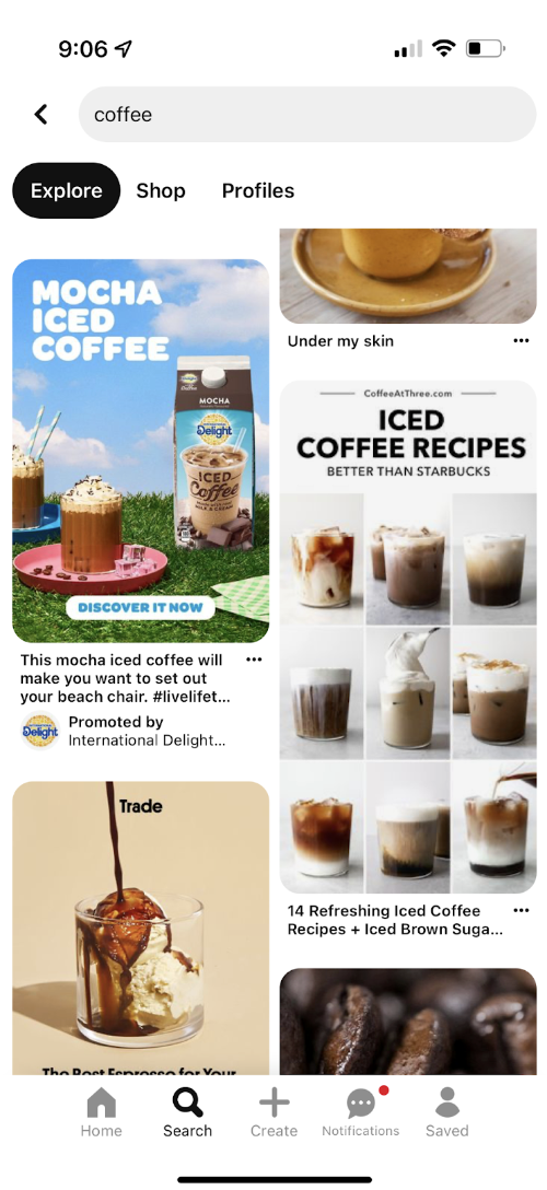 Pinterest search results for coffee include a promoted ad