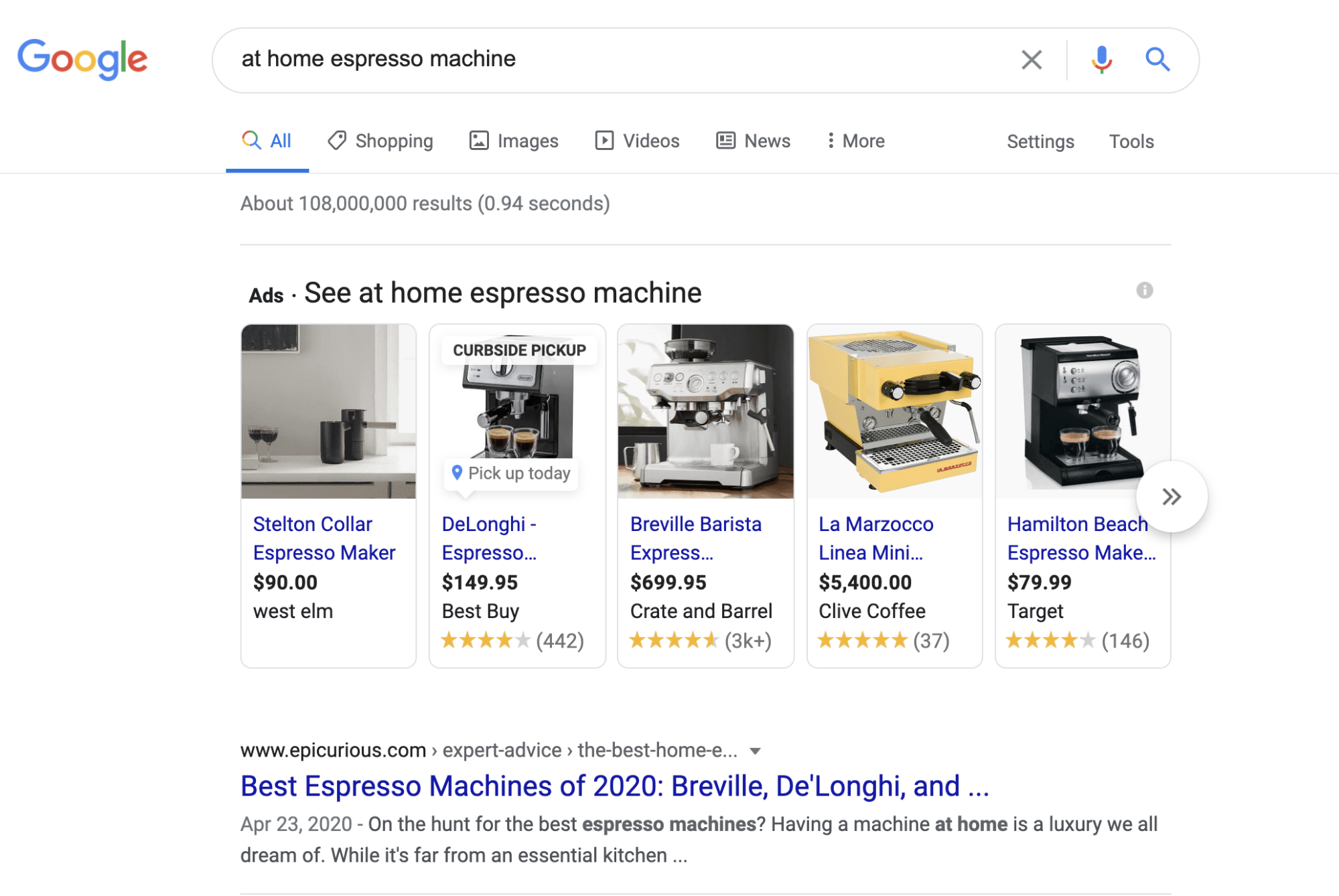 Google Shopping ads displaying different at-home espresso machines.