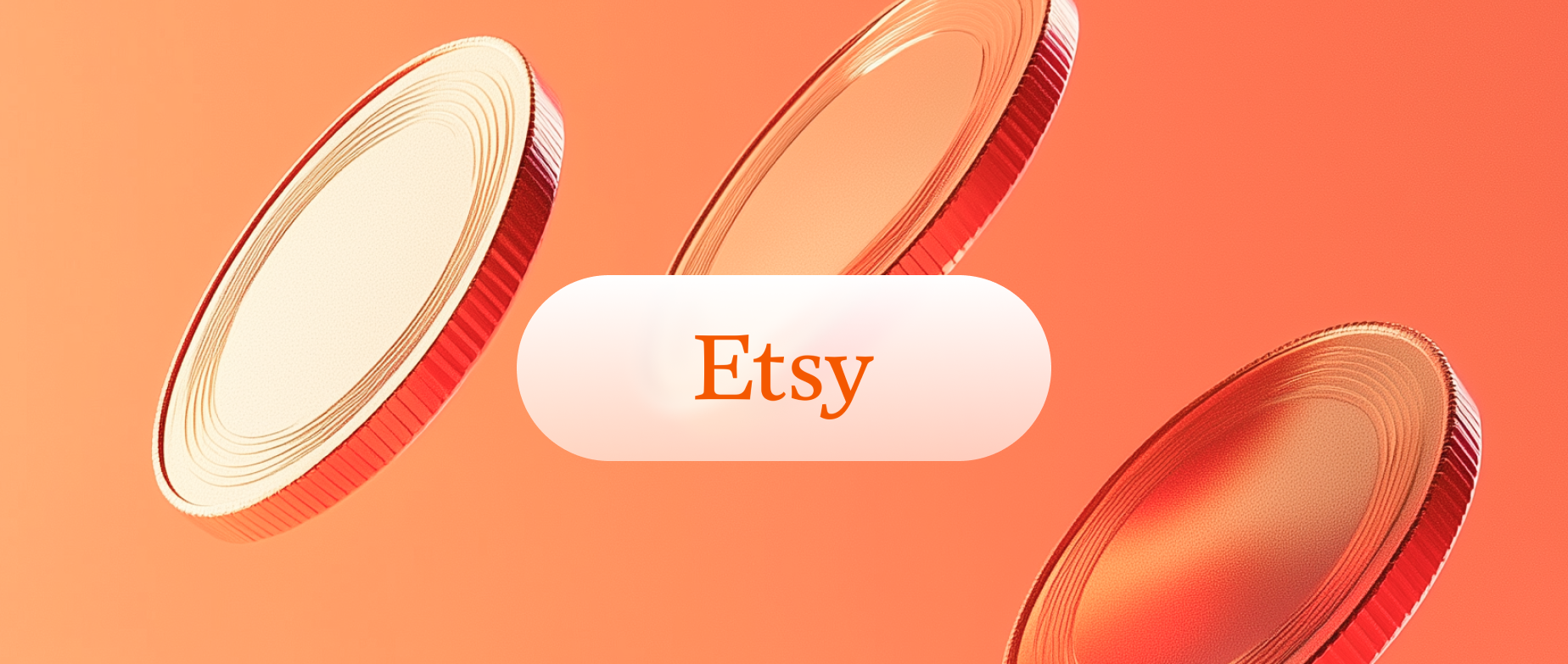 Etsy button surrounded by falling coins on an orange background.