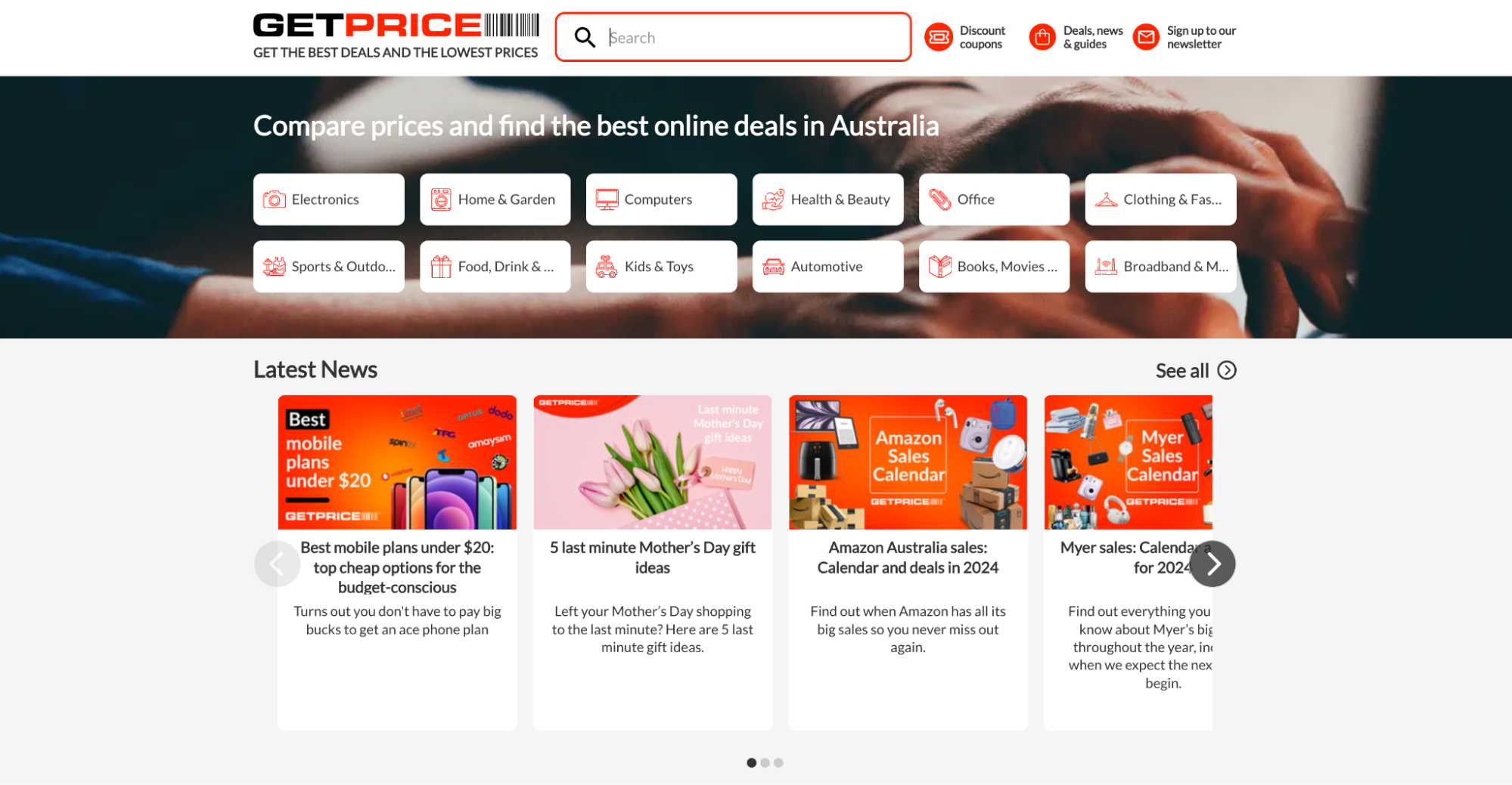 Getprice logo above a search bar and buttons for popular product categories (e.g. electronics).