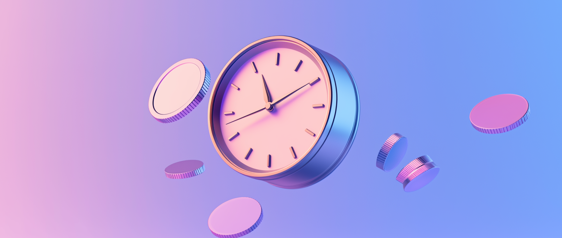 A clock falling with silver coins on a blue and pink background.