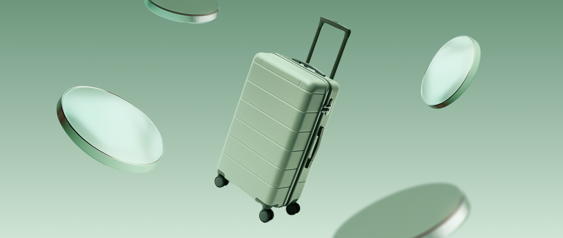 Luggage falling surrounded by falling coins on light green background.