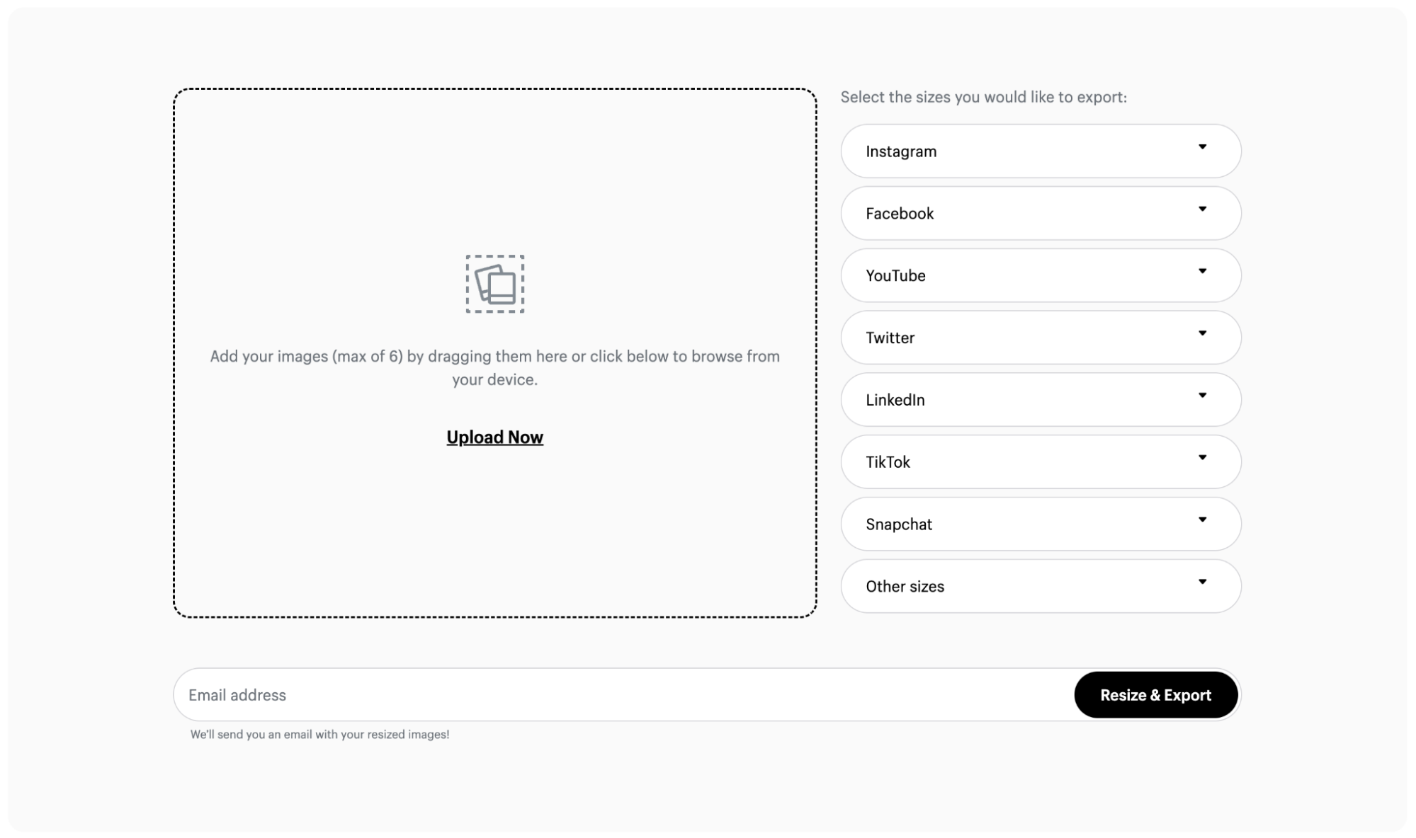 Image upload screen for Shopify’s free image resizing tool.