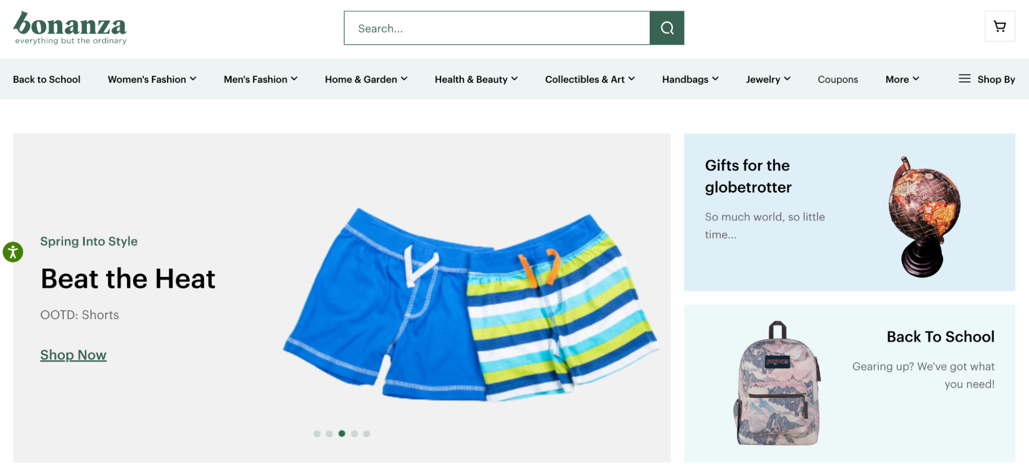 product cards showing swim shorts, a backpack, and a model globe, below a nav bar and menu.