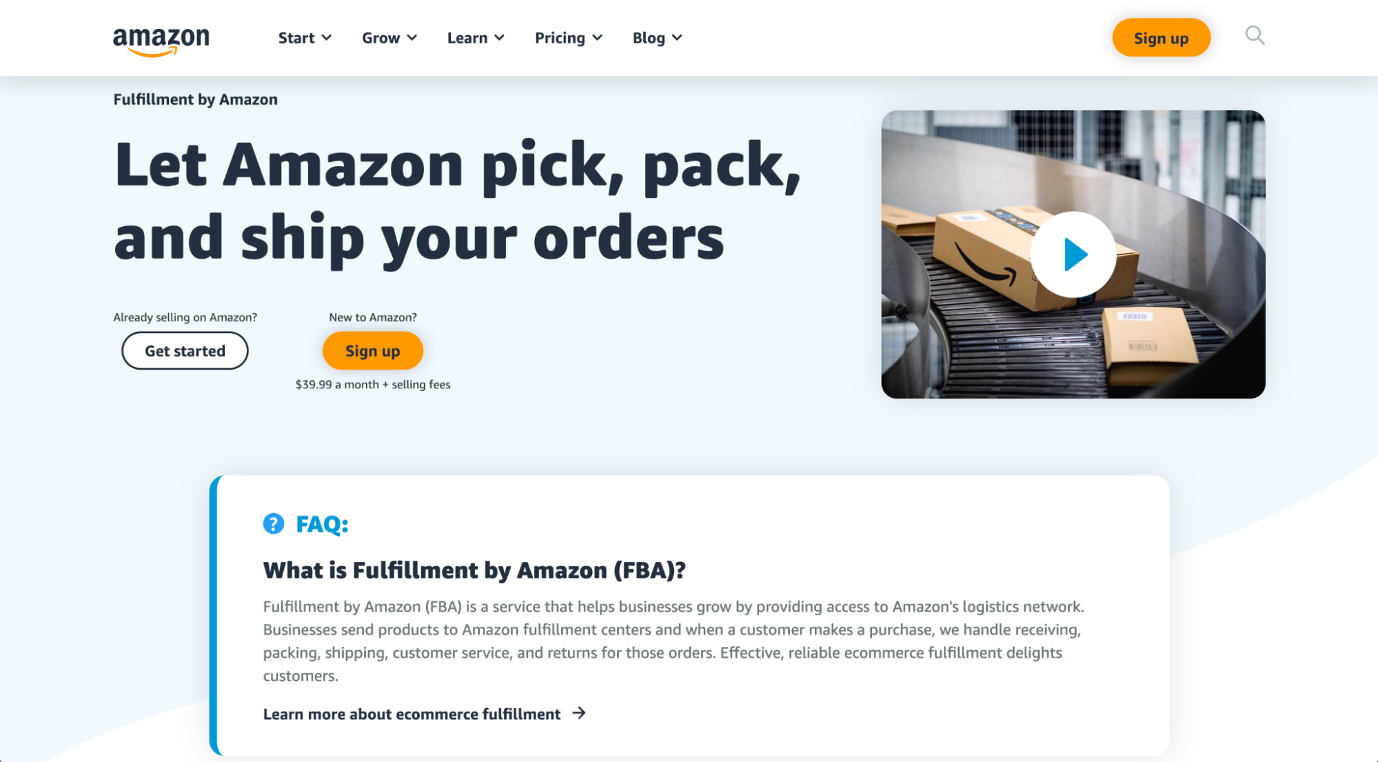 Fulfillment by Amazon website with sign-up buttons, a services summary, and a video thumbnail.