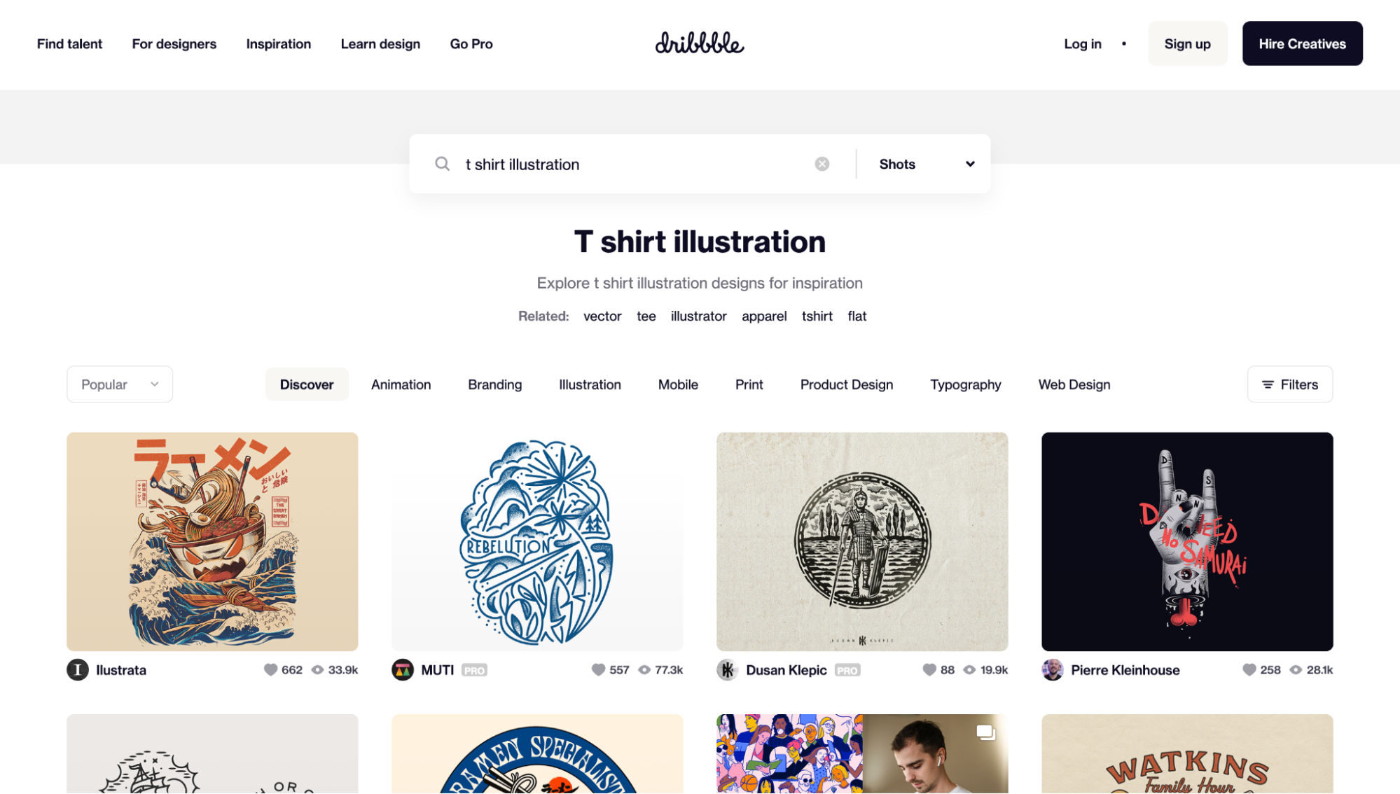 Eight images showing T-Shirt illustrations on Dribbble below related search options and categories.