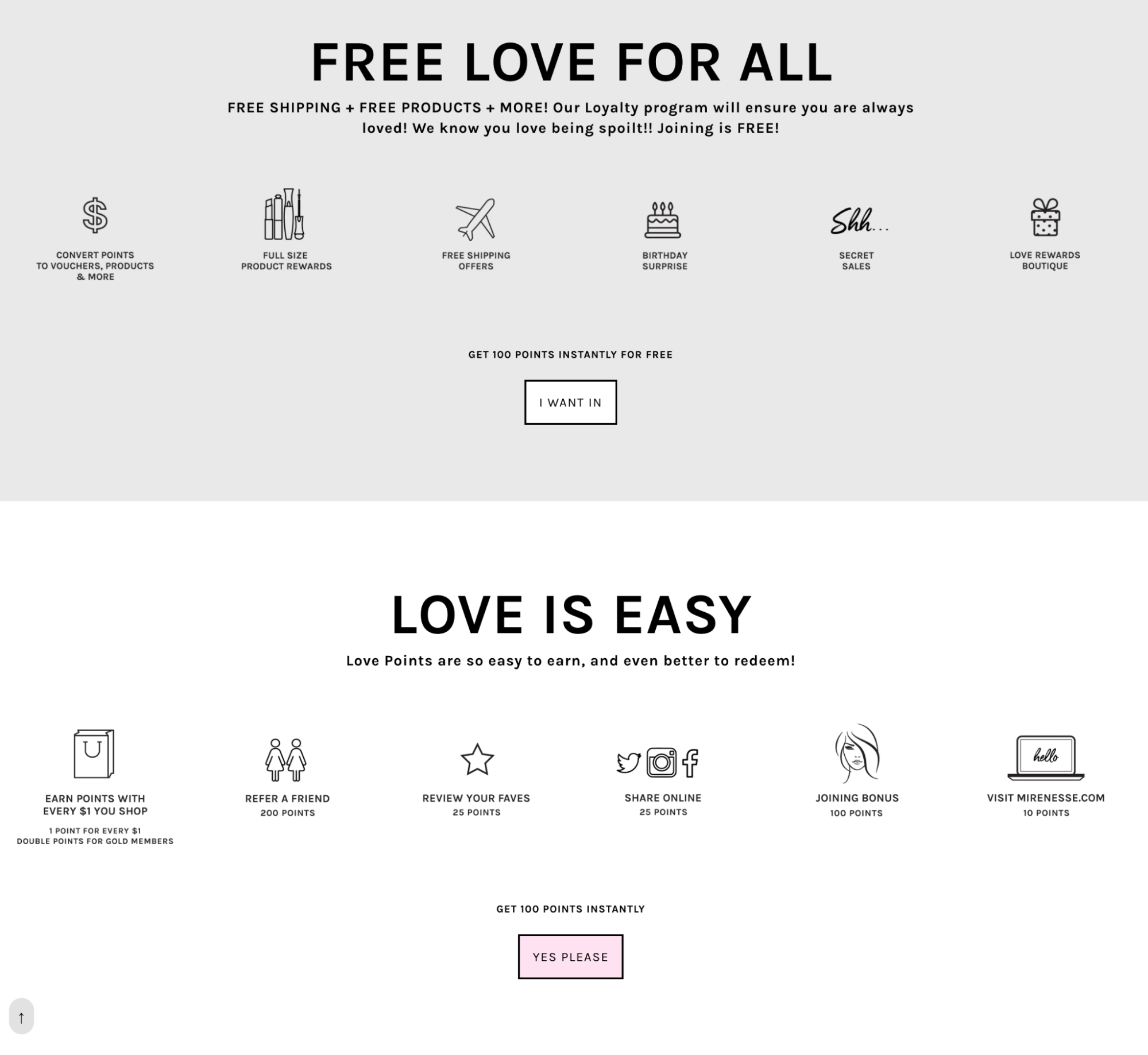 Image of Mirenesse’s landing page for its loyalty program, Love Rewards