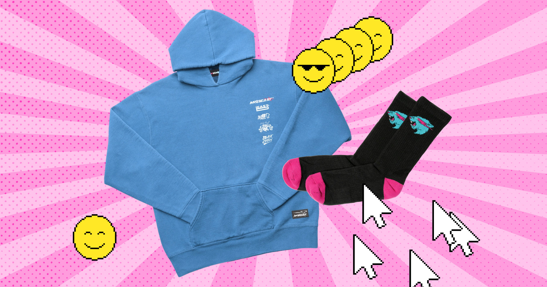 sweatshirt and socks from MrBeast merch line