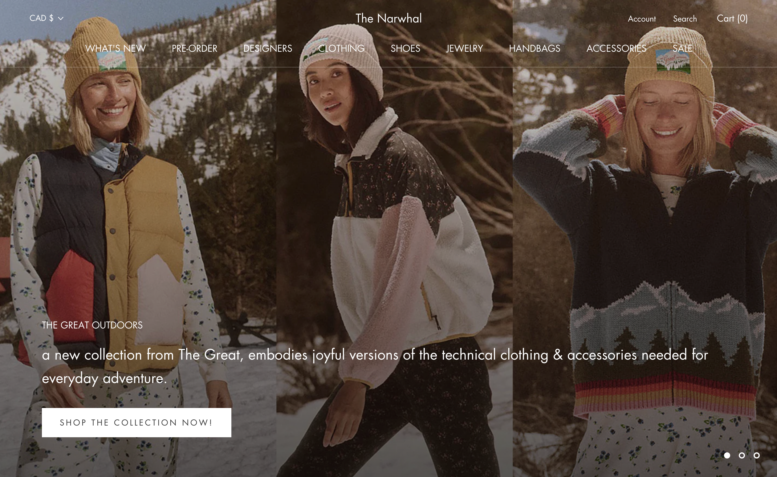 The Narwhal Boutique's ecommerce website homepage with women modeling winter outdoor apparel