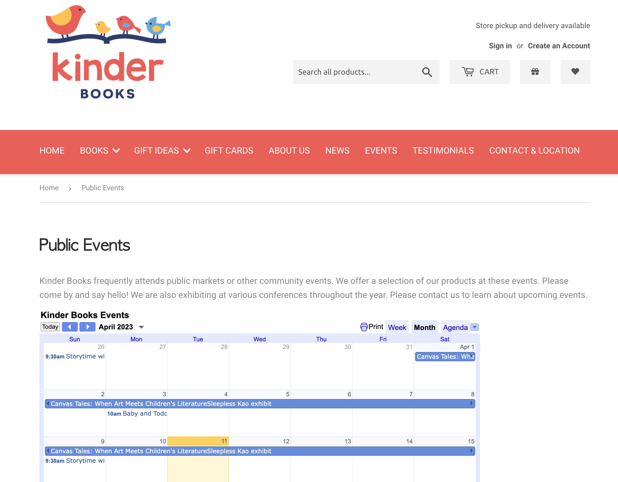 Screen grab of a webpage from Kinder bookstore featuring an events calendar