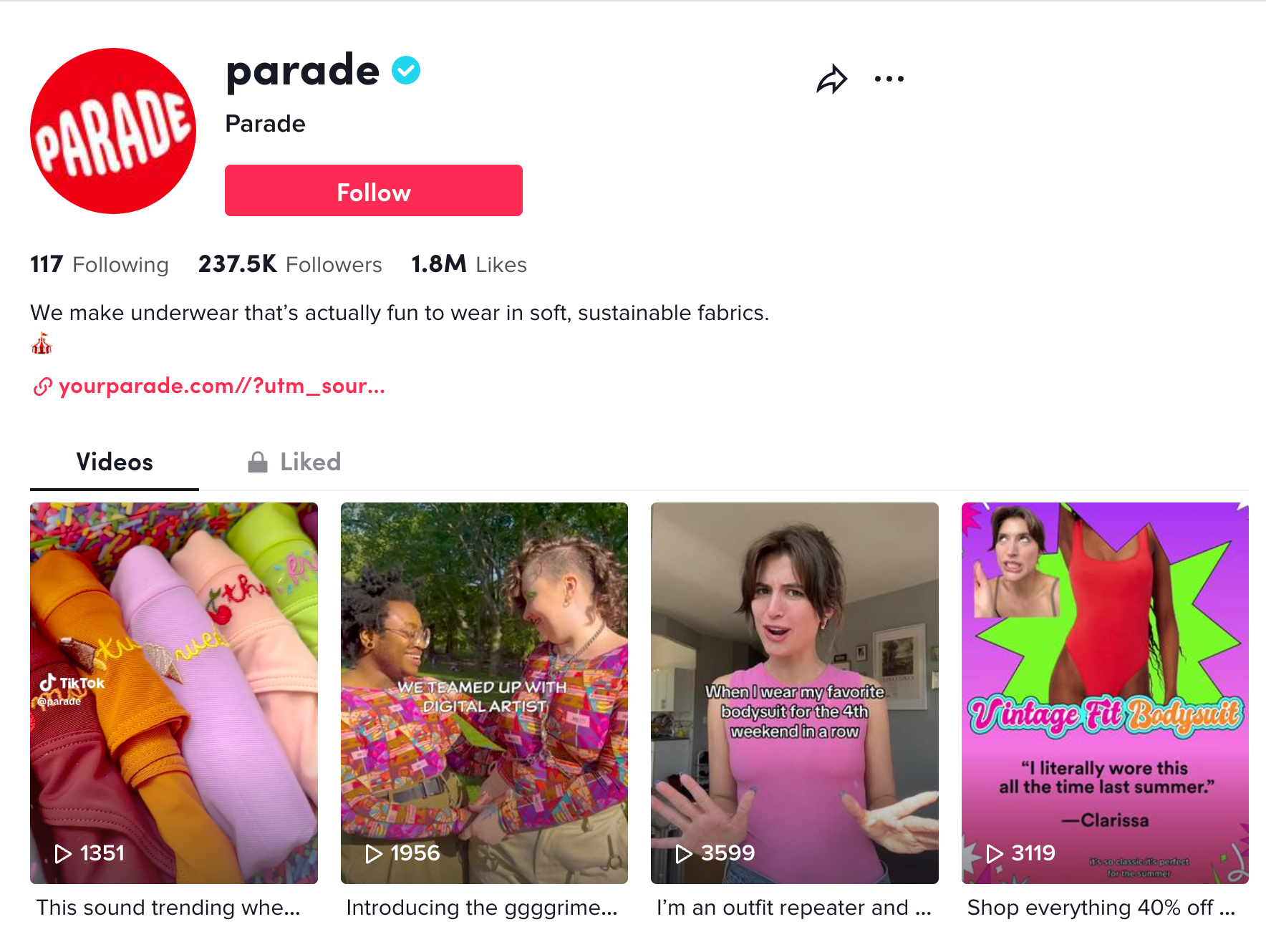 Homepage of the Parade brand's TikTok account