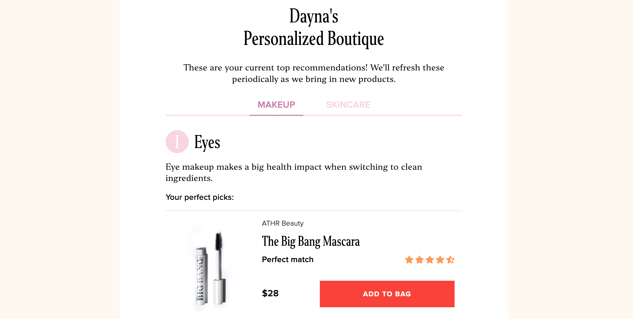 Screengrab of a webpage on Naked Poppy's website featuring recommended products based on a skincare quiz