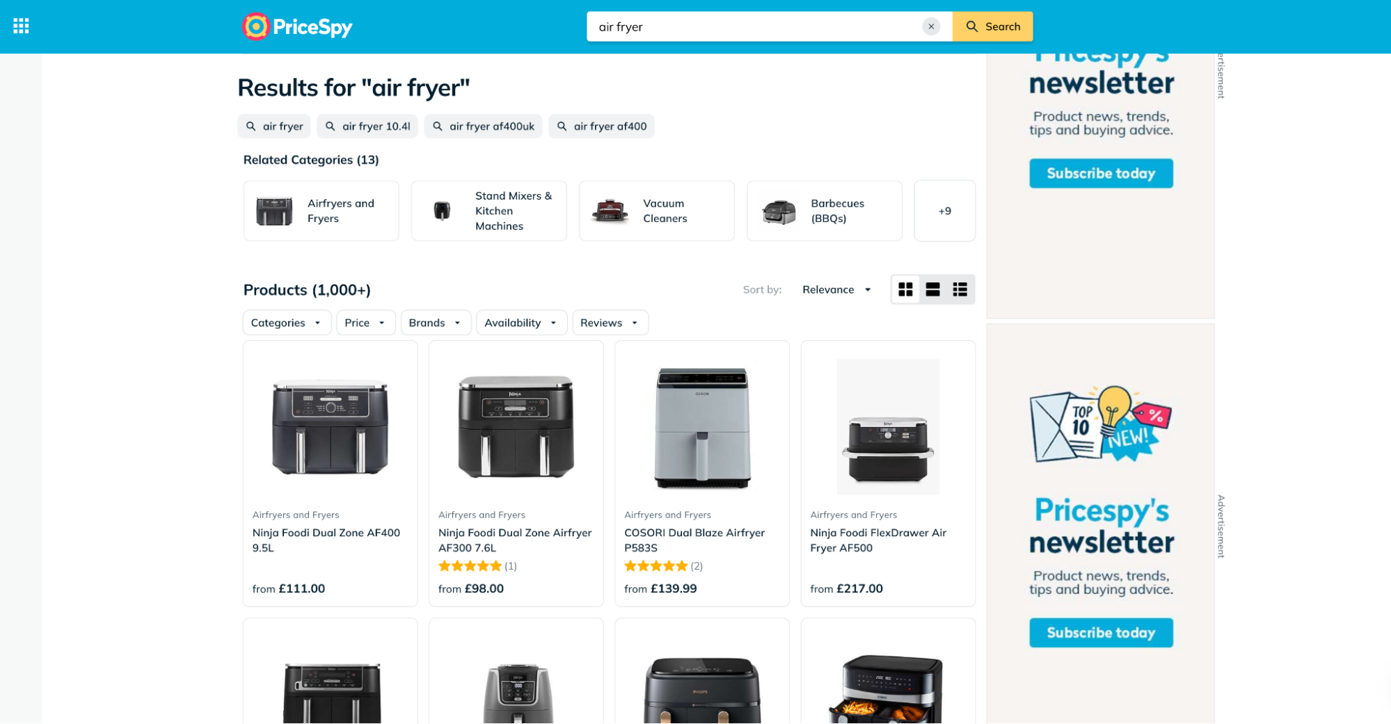 PriceSpy search bar and product catalog page showing air fryer listings.